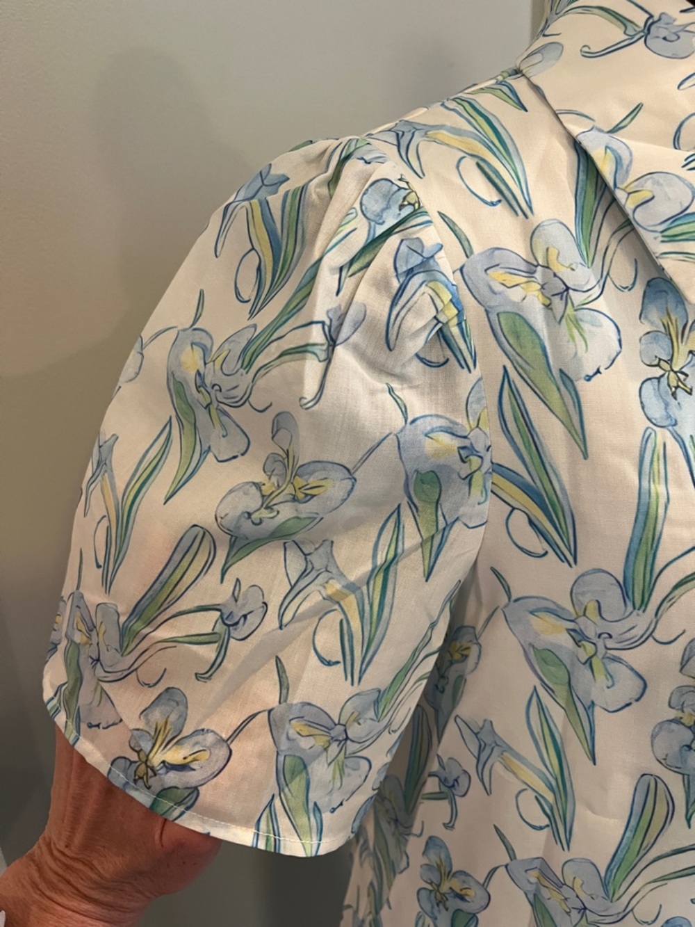 Women's Floral ButtonFront Shirt Dress - OffWhite with Blue & Green Floral Print - Picture 5 of 6